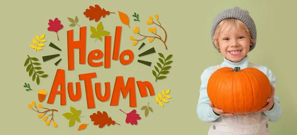 Cute Boy Pumpkin Green Background Hello Autumn — Stock Photo, Image