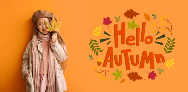 Fashionable Little Girl Warm Clothes Orange Background Hello Autumn — Foto Stock