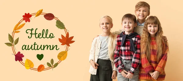 Cute Little Children Warm Clothes Beige Background Hello Autumn — Foto Stock