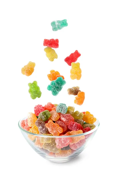 Sweet Jelly Bears Falling Bowl White Background — Stock Photo, Image