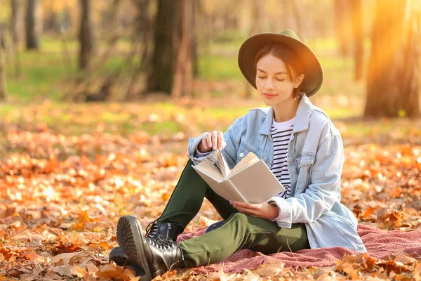 Beautiful Woman Reading Interesting Book Plaid Autumn Park — Zdjęcie stockowe