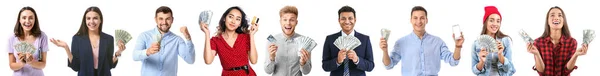 Set of happy people with money on white background