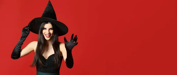 Beautiful Woman Dressed Witch Halloween Red Background Space Text — Stock Photo, Image