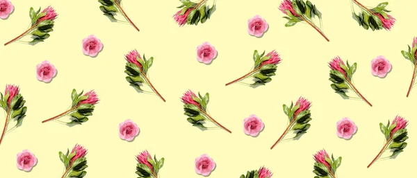 Many Beautiful Flowers Yellow Background Pattern Design — Stockfoto