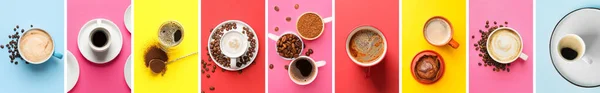 Collage Many Cups Coffee Colorful Background Top View — Stock fotografie