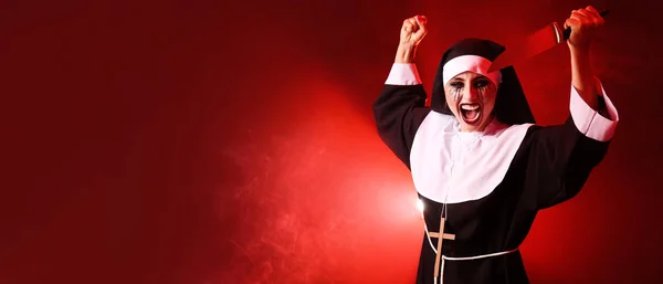 Woman Dressed Halloween Nun Knife Red Background Space Text — Stock Photo, Image