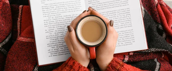 Woman Cup Coffee Reading Book Top View — Photo