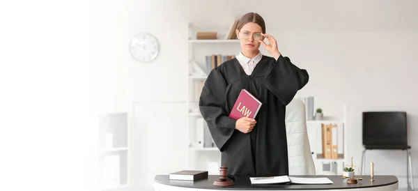 Female Judge Law Book Office Banner Design — Stock Photo, Image