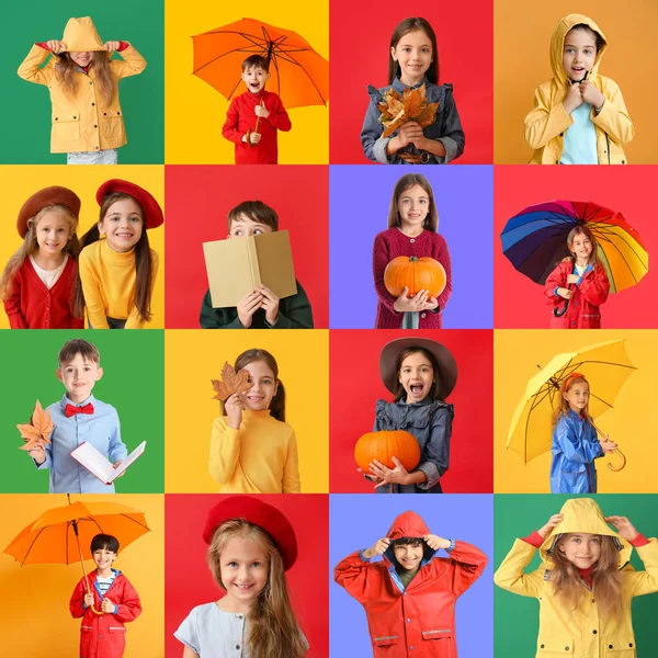 Set Cute Children Autumn Clothes Colorful Background — Stock Photo, Image