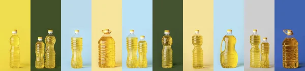 Many Bottles Sunflower Oil Colorful Background — 스톡 사진