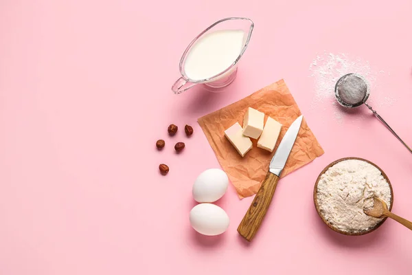 Composition Different Ingredients Baking Pink Background — Stock Photo, Image