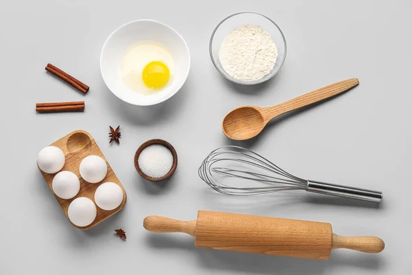 Composition Ingredients Dough Kitchen Utensils Light Background — 图库照片