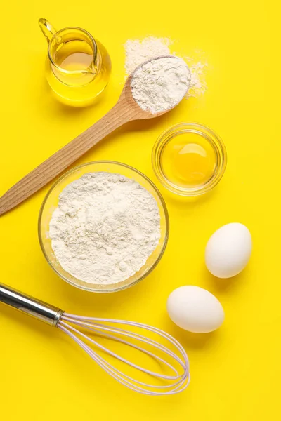 Composition Ingredients Baking Whisk Yellow Background — Stock Photo, Image