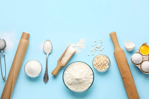 Ingredients Utensils Baking Color Background — Stock Photo, Image