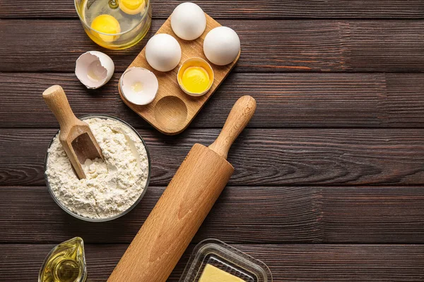 Zutaten Zum Backen Auf Holzboden — Stockfoto