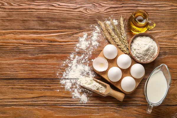 Ingredients Baking Wheat Ears Wooden Background — Stock Photo, Image