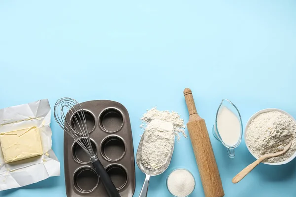 Ingredients Utensils Baking Color Background — Stock Photo, Image