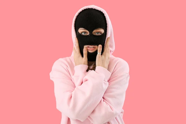 Portrait Young Woman Balaclava Touching Face Pink Background — 스톡 사진