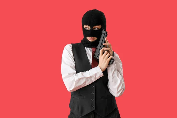 Young Woman Balaclava Gun Red Background — Fotografia de Stock