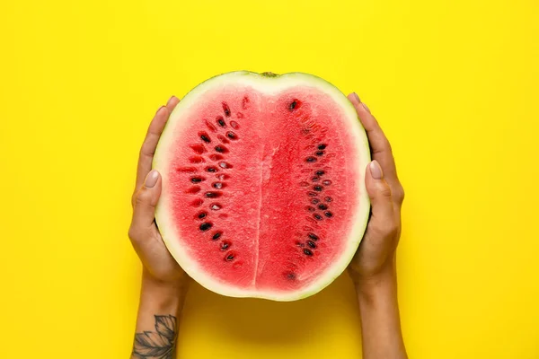 Woman Half Tasty Watermelon Yellow Background — Photo