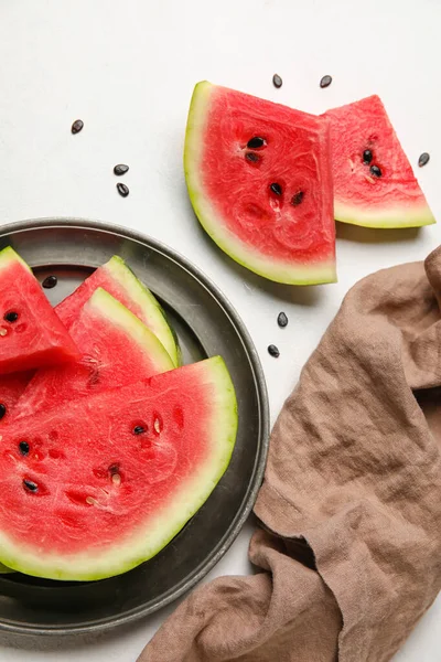 Plate Slices Watermelon Napkin White Background — Photo