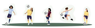 Set of women playing soccer on white background
