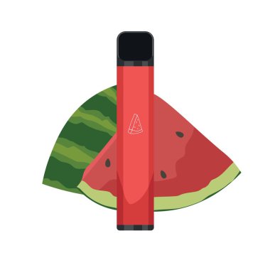 Modern electronic cigarette and watermelon on white background