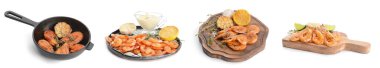 Collage of tasty cooked shrimps on white background