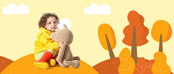 Cute baby with teddy bear in drawn autumn forest