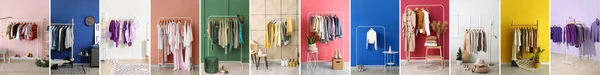 Collage Hangers Autumn Clothes Accessories Interiors Dressing Room — Stock Photo, Image