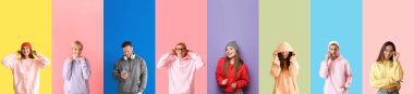 Set of people in stylish hoodies on colorful background