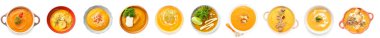 Set of tasty pumpkin cream soup on white background, top view