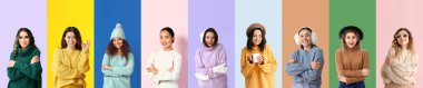 Set of beautiful women in warm sweaters on colorful background