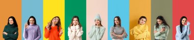 Set of pretty women in warm sweaters on colorful background