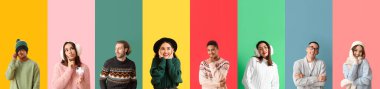 Set of stylish people in warm sweaters on colorful background