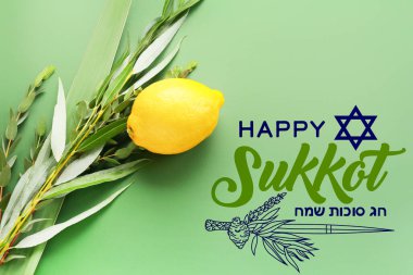 Greeting card with Sukkot festival symbols on green background