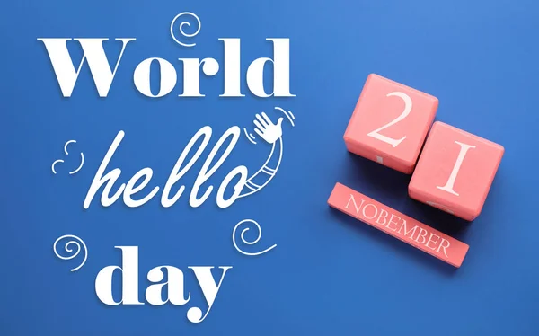 Greeting card for World Hello Day on blue background