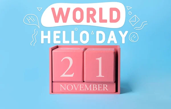 Greeting card for World Hello Day with calendar on blue background