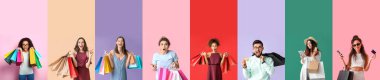 Set of women after shopping on colorful background