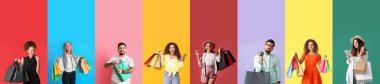 Collage with people after shopping on colorful background