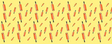 Many bottles of wine on yellow background. Pattern for design
