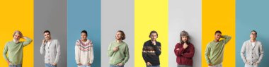 Set of men in stylish sweaters on colorful background