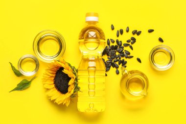 Composition with oil, sunflower and seeds on yellow background
