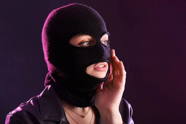 Young Woman Balaclava Leather Jacket Hand Face Dark Background — Stock Photo, Image