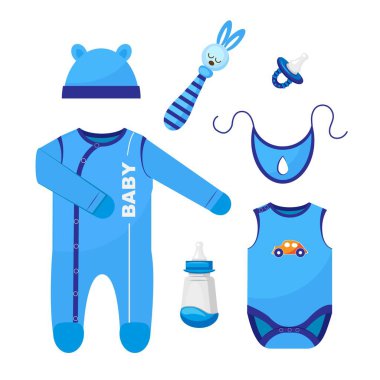 Set of blue baby clothes and accessories on white background