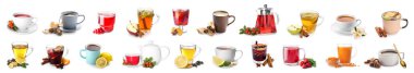 Group of traditional hot beverages on white background