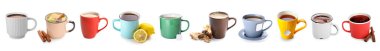 Collection of tasty hot beverages on white background