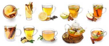 Collage of tasty hot beverages on white background