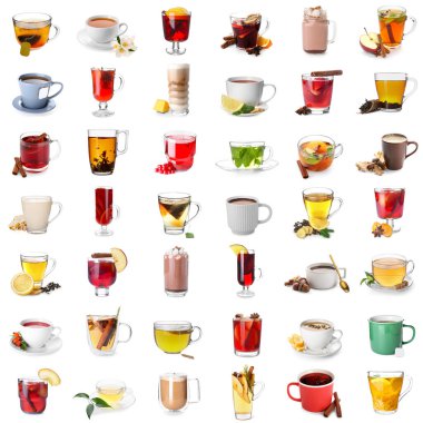 Group of tasty hot beverages on white background