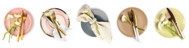 Set of table setting with flowers isolated on white, top view